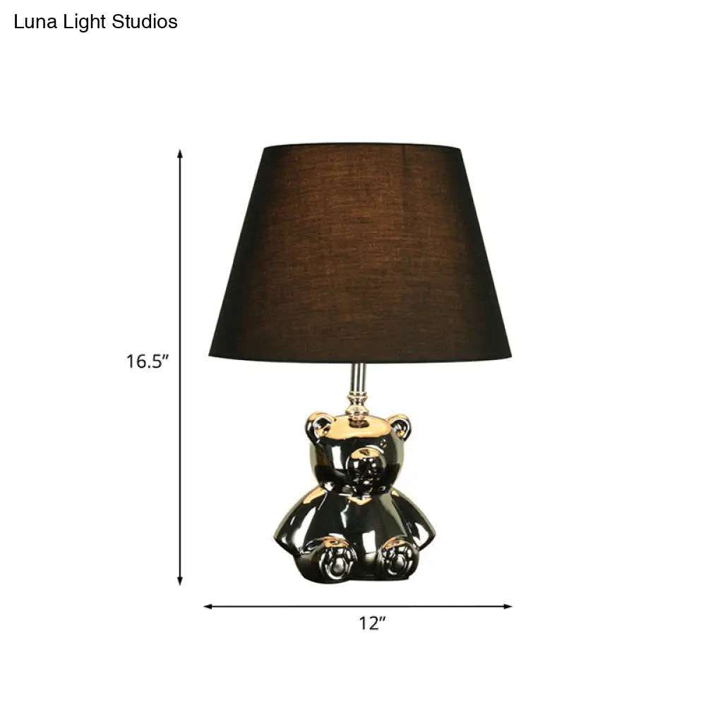 Countryside Ceramic Bear Table Light With Silver/Gold Night Lighting Tapered Drum Fabric Shade