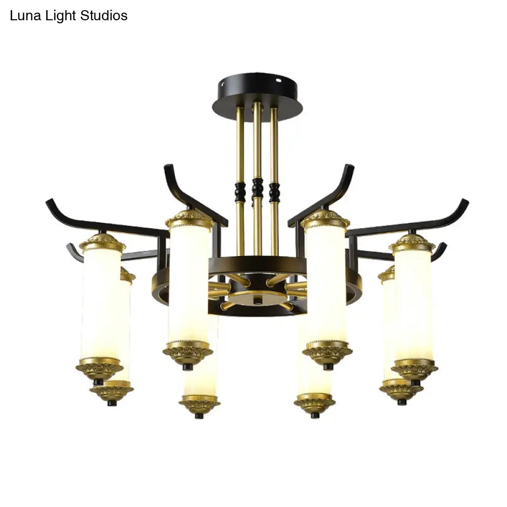 Countryside Column Frosted Glass 8/10-Bulb Chandelier In Black-Gold Finish
