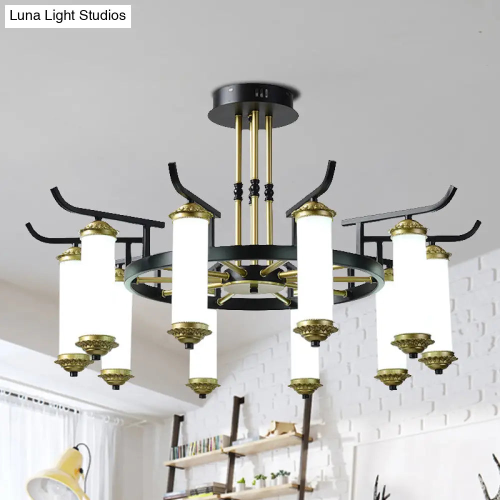Countryside Column Frosted Glass 8/10-Bulb Chandelier In Black-Gold Finish