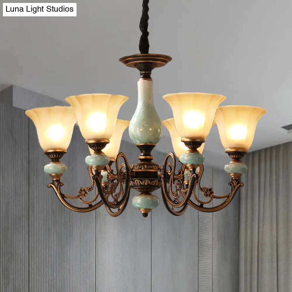 Curvy Armed Pendant Chandelier - Rural Style Black-Gold Metallic Ceiling Light With Blossom Shade
