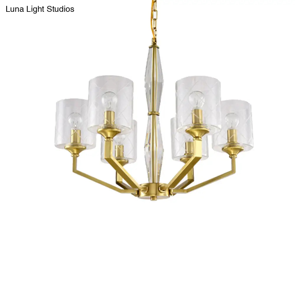 Cylinder Ceiling Chandelier - Clear Glass Traditional Style 6/8 Light Brass Fixture Ideal For Living