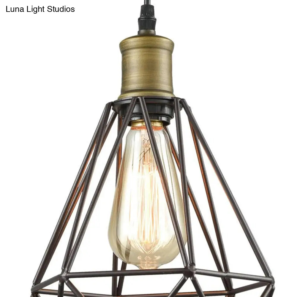 Diamond Cage Pendant Light In Retro Style- Brass/Antique For Living Room