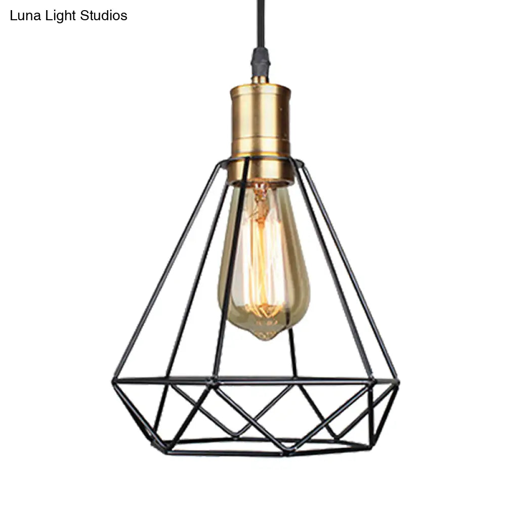 Diamond Cage Pendant Light In Retro Style- Brass/Antique For Living Room