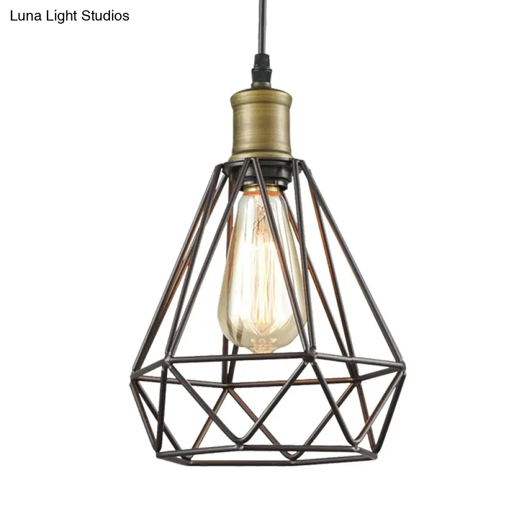 Diamond Cage Pendant Light In Retro Style- Brass/Antique For Living Room
