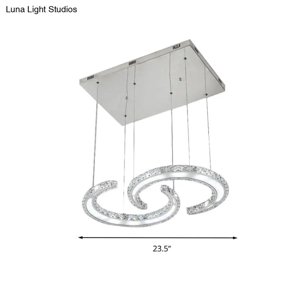 Double C-Shape Suspension Pendant Led Chandelier With K9 Crystal And Chrome Finish In Warm/White/3
