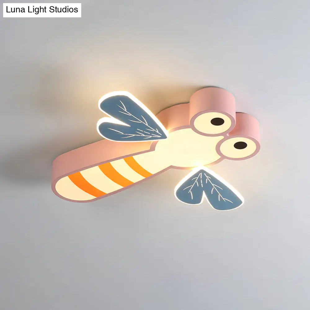 Dragonfly Bedroom Flushmount Light: Acrylic Led Cartoon Ceiling Lamp In Pink/Yellow