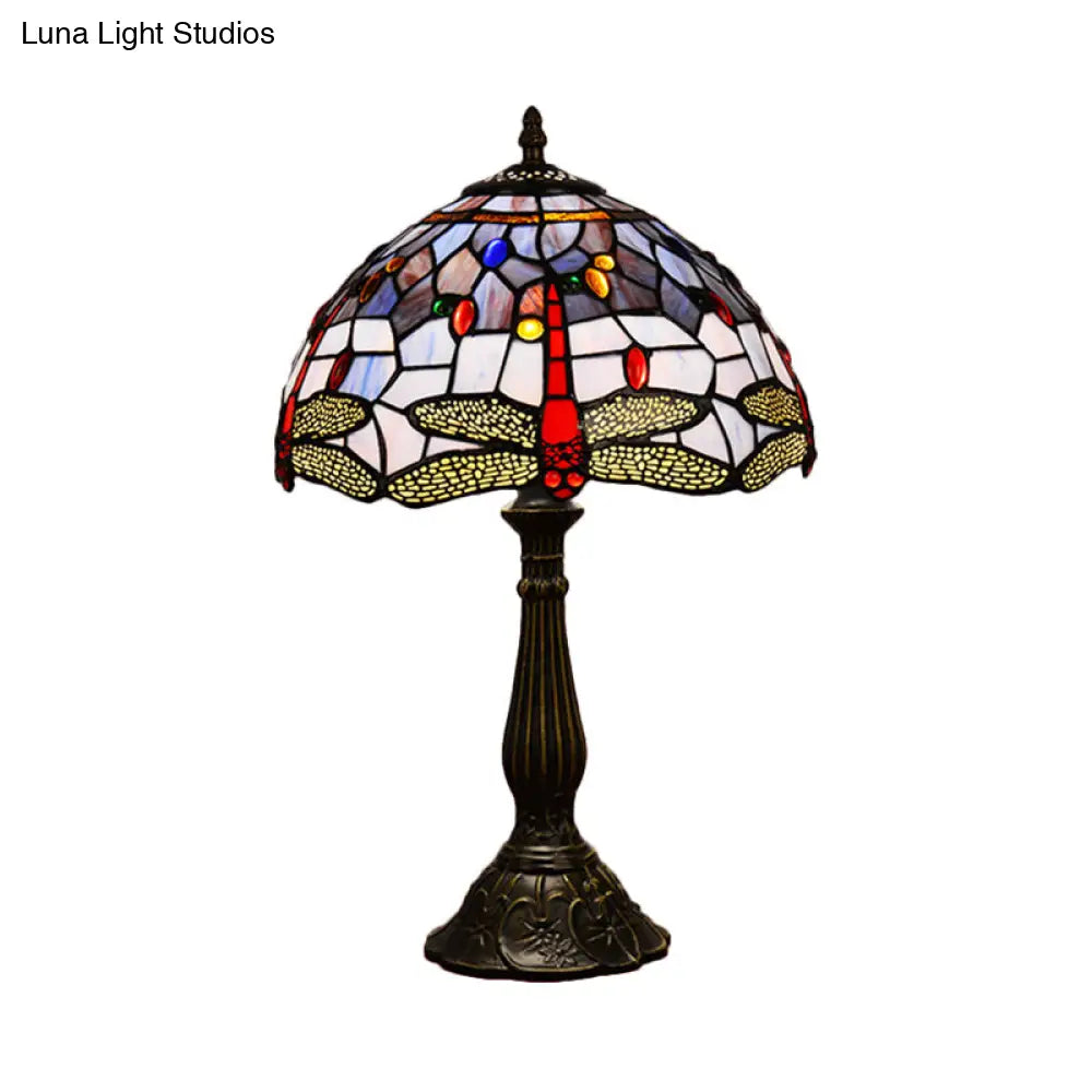 Dragonfly Stained Glass Tiffany Night Lamp - Elegant 1-Head Table Light In White/Yellow/Orange For
