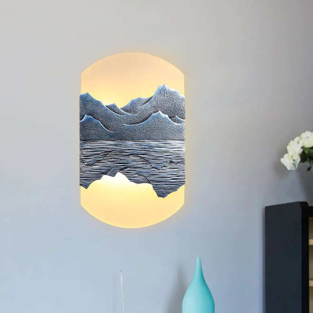 Elegant Oval Corridor Mountain Wall Mural Led Oriental Style Light Fixture In Silver/Brown Silver /