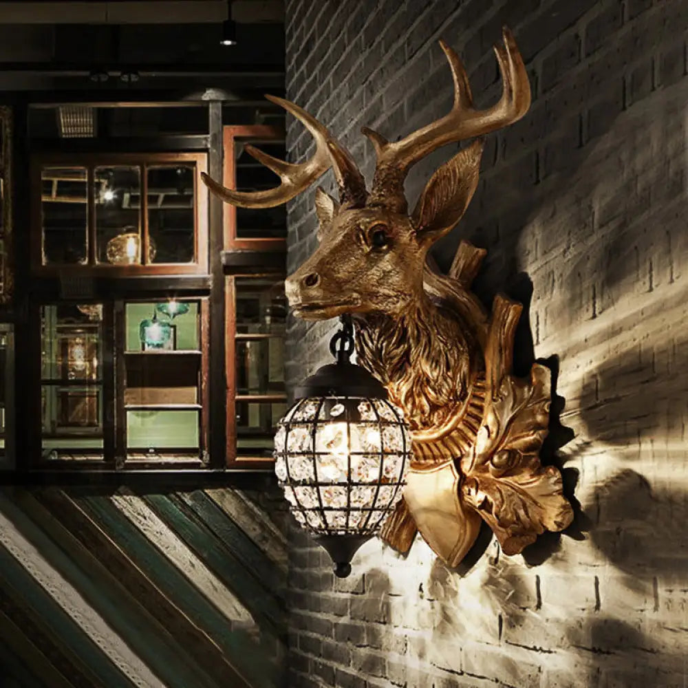 Ellipsoid Crystal Sconce With Gold Antler Backplate - Living Room Wall Mount Lighting For Farmhouse