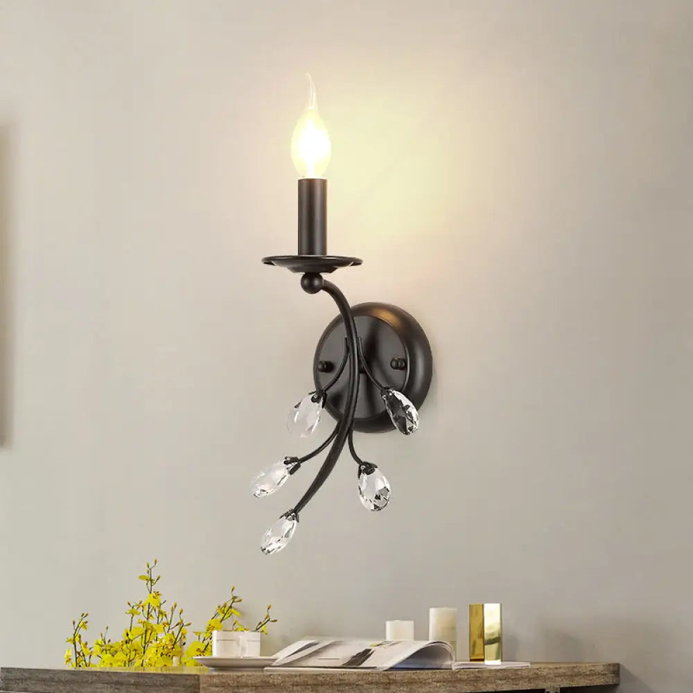 Farmhouse Black Metal Wall Light - Single-Bulb Candle Sconce With Crystal Twig Accents / E