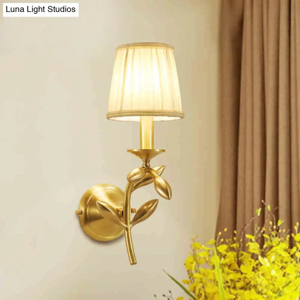 Farmhouse Gold Wheat Branch Wall Light With Gathered Fabric Shade - Single Bedroom Mount Fixture