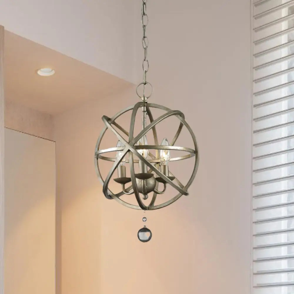 Farmhouse Style Iron Kitchen Chandelier Pendant Light - Orb Caged Design 3 Lights Pewter Finish