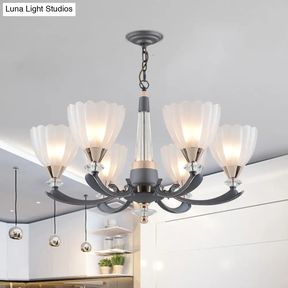 Floral Shade Opal Glass Pendant Chandelier - 6/8 Bulbs Countryside Grey Ideal For Guest Rooms