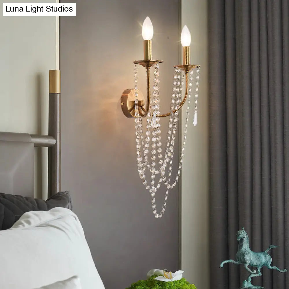 French Country 2-Head Metallic Open Bulb Wall Mount Lamp With Clear Crystal Bead - Brushed Brass