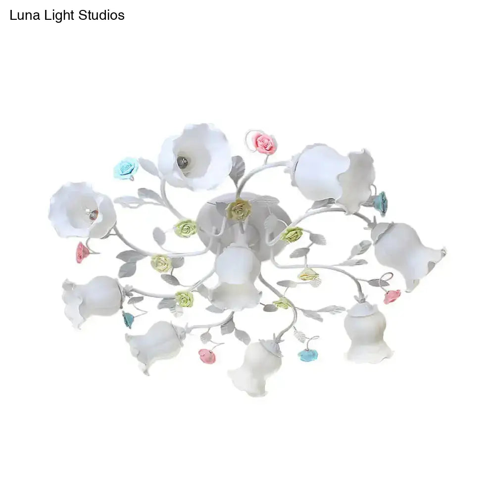 Frosted Cream Glass Ruffle Ceiling Light - 9 Lights Semi Flush Mounted Lamp For Bedrooms Pink/Green