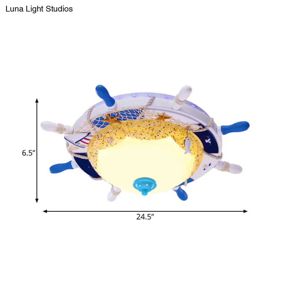 Frosted Dome Opal Glass Ceiling Light - Kid’s White Led Flush Mount With Rudder Canopy & Marine
