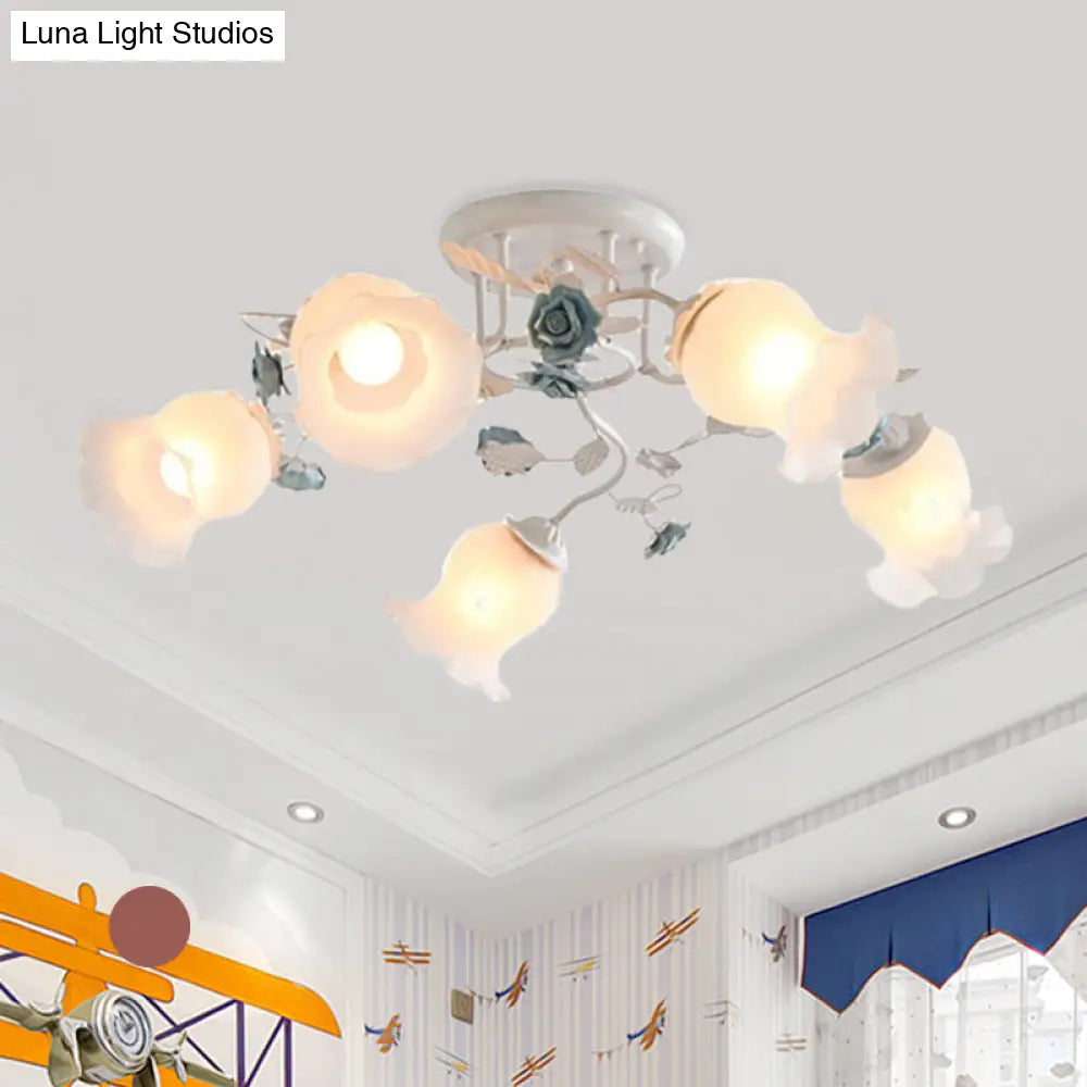 Frosted Glass Bud Semi Flush Chandelier In Pink/Blue/Blue - White - Ceiling Mount Lamp For