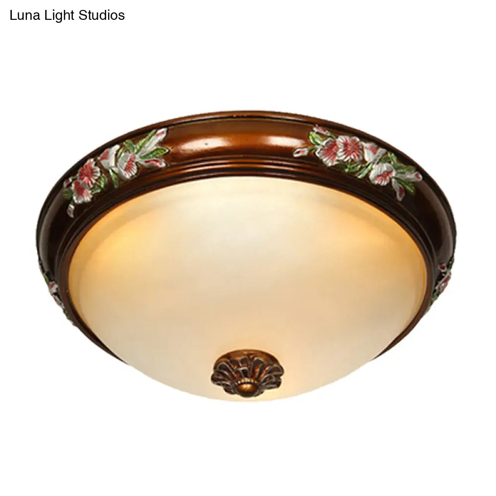 Frosted Glass Dome Shape Ceiling Flush Vintage Light Fixture With Blossom Design - Brown