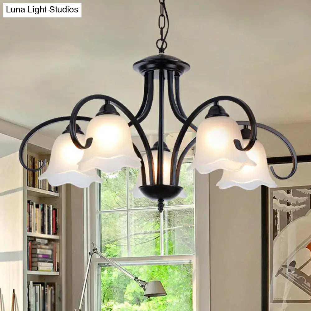Frosted White Glass Floral Chandelier - Country Style Bedroom Ceiling Suspension Lamp (Black)