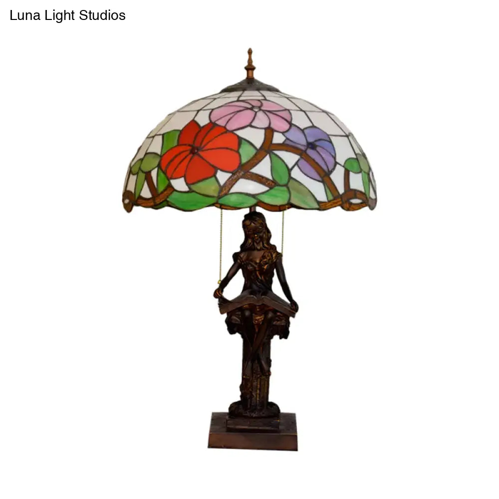Girl Reading Book Table Lamp - Resin Pull-Chain Nightstand Light With Sunflower Red/Orange Glass