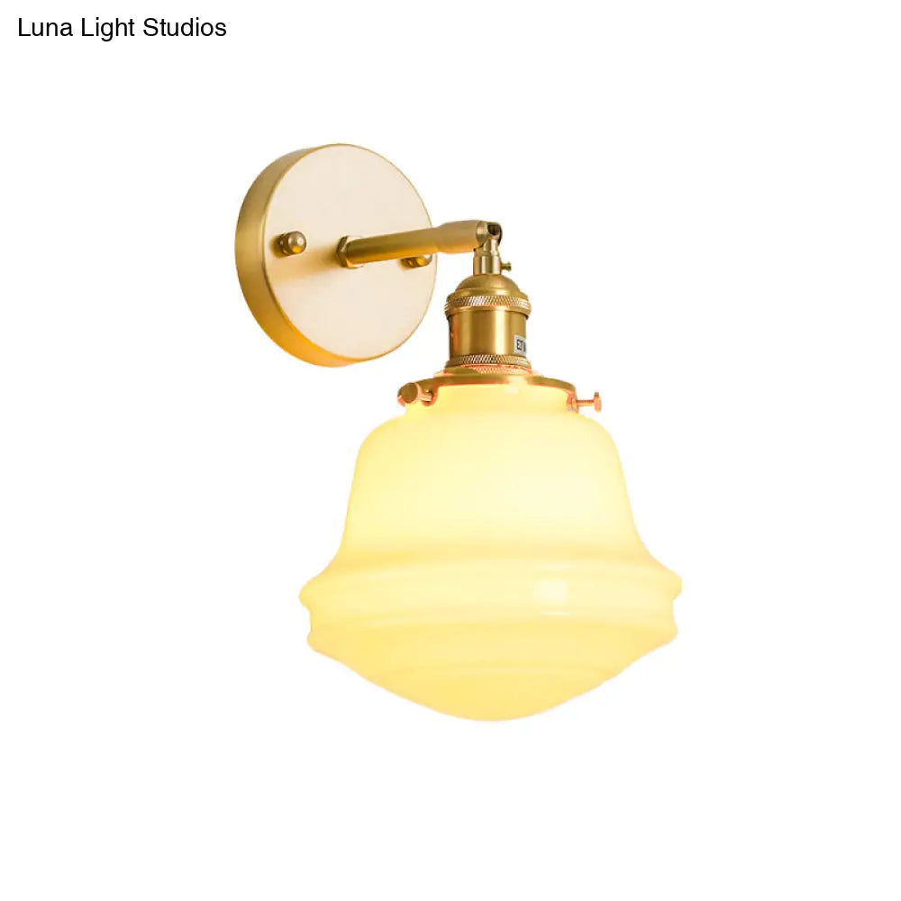 Gold Colonial Bell Sconce Lighting - Milky Glass Bedroom Wall Mounted Light Cord/Straight Arm 1 Bulb
