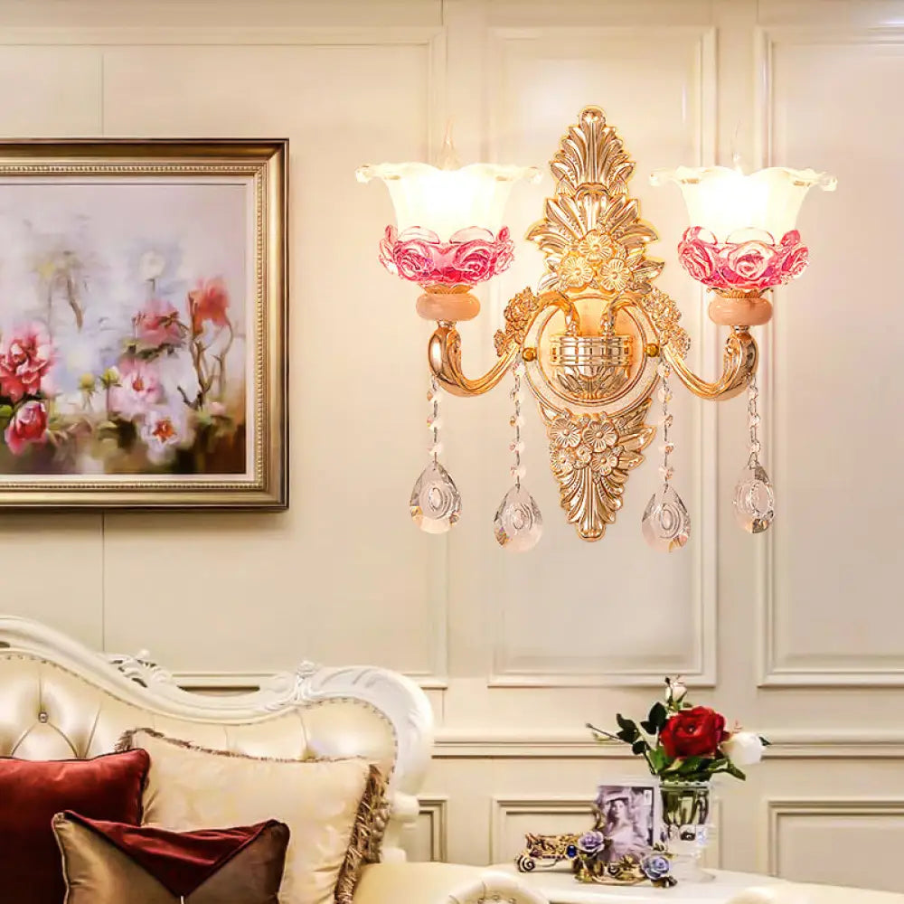 Gold Floral Ruffle Wall Mount Light With Crystal Accent - Traditional Glass Corridor Fixture 2 / D