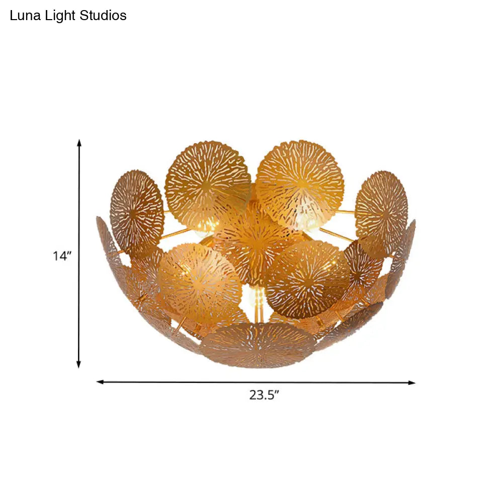 Gold Lotus Leaf 5 - Head Semi Flush Light: Modern Metal Fixture