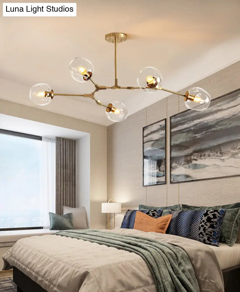Gold Metal Chandelier With Clear Glass Shade - Post-Modern Suspension Light For Bedroom