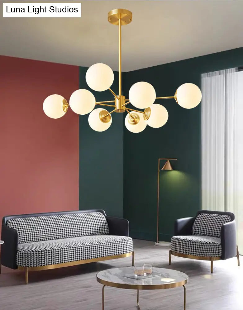 Gold Metal Hanging Chandelier With Opal Glass Shade For Bedroom