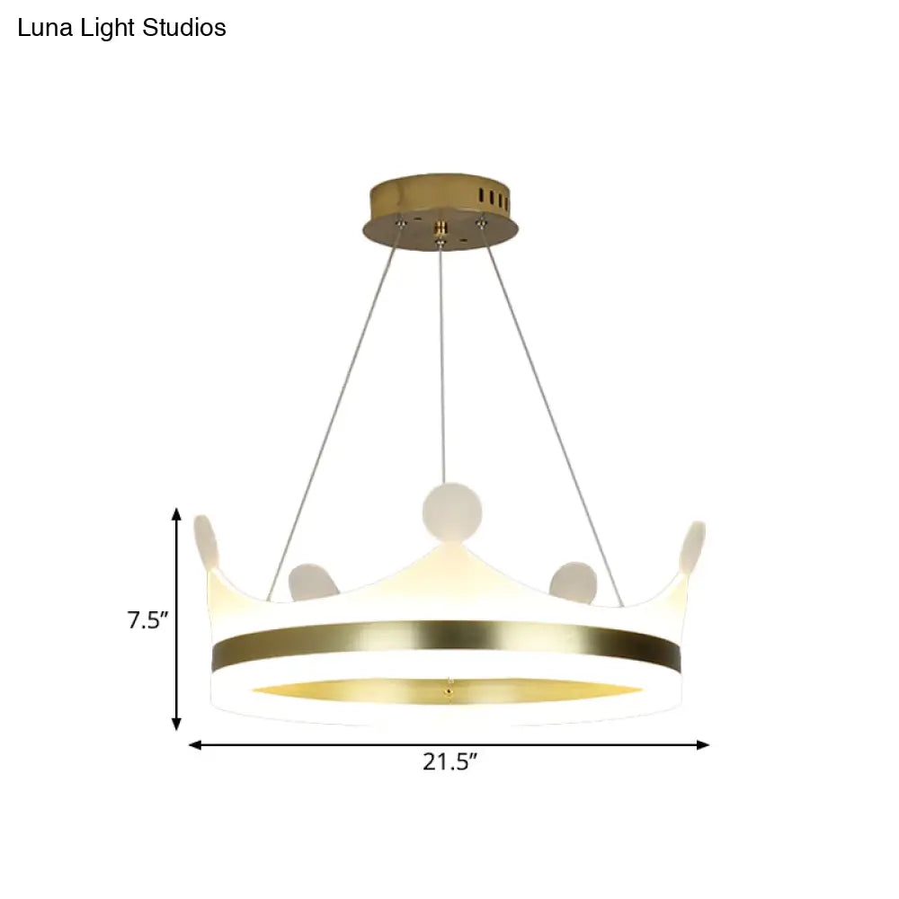 Gold Metallic Kids Crown Hanging Lamp - Led Chandelier For Girls Bedroom Warm/White Light