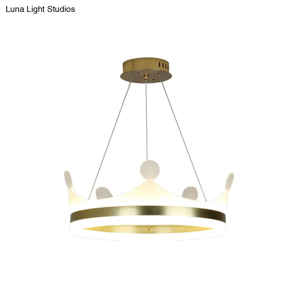 Gold Metallic Kids Crown Hanging Lamp - Led Chandelier For Girls Bedroom Warm/White Light