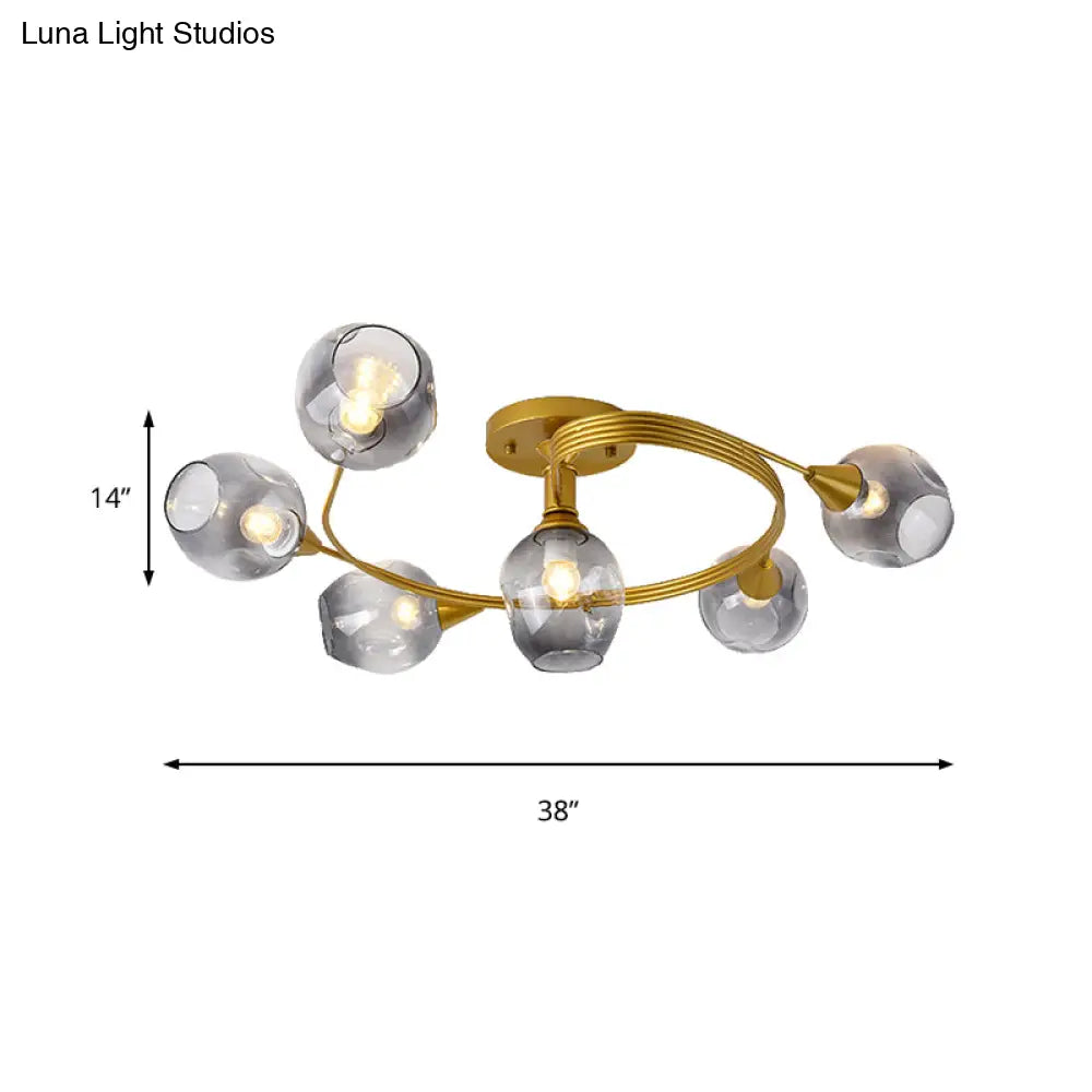 Gold Twist Arm Glass Study Room Ceiling Light - Modern Semi Flushmount In Smoke Gray