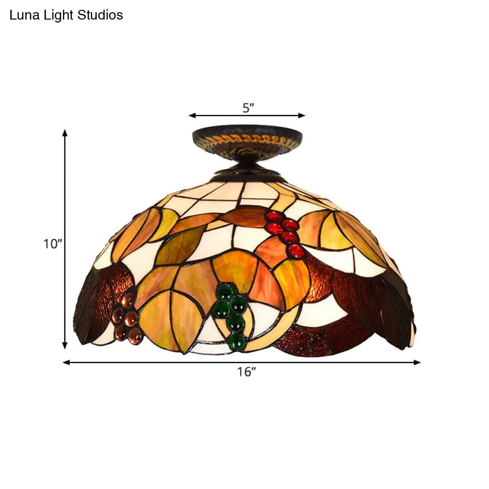 Grape Ceiling Lighting Tiffany Brass Stained Glass Flush Mount Light 1-Light 12’/16’ Width