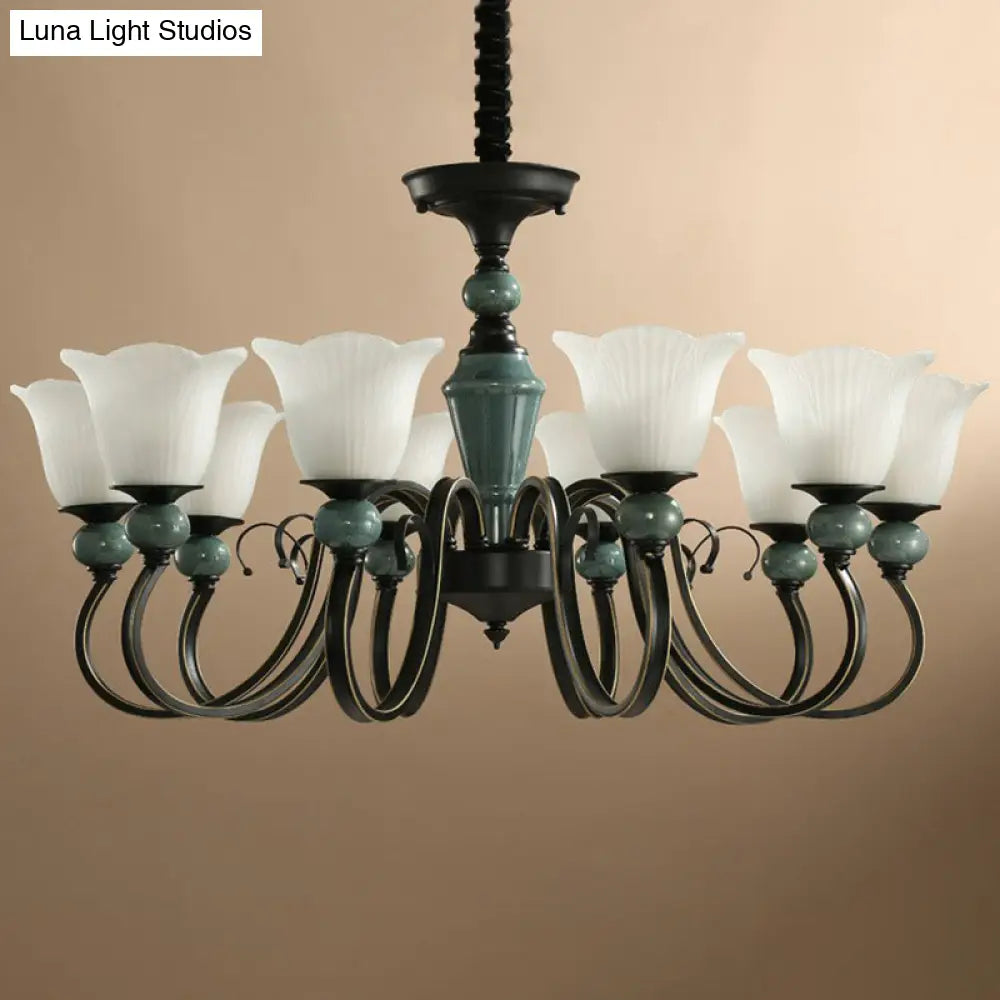 Green Vintage Floral Frosted Opal Glass Chandelier Pendant Light For Living Room