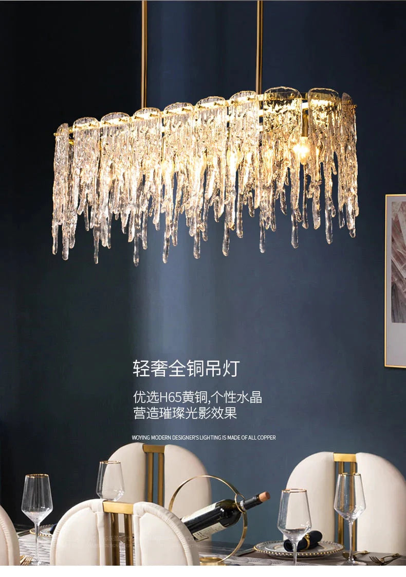 Icicle Nordic Moderner, luxuriöser rechteckiger Kristallkronleuchter aus Kupfer