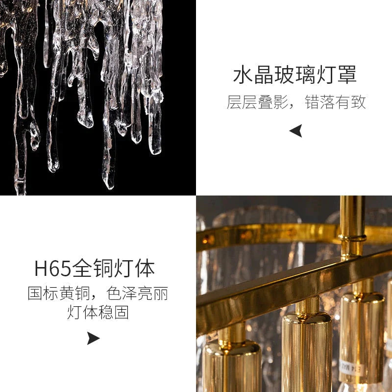 Icicle Nordic Moderner, luxuriöser rechteckiger Kristallkronleuchter aus Kupfer