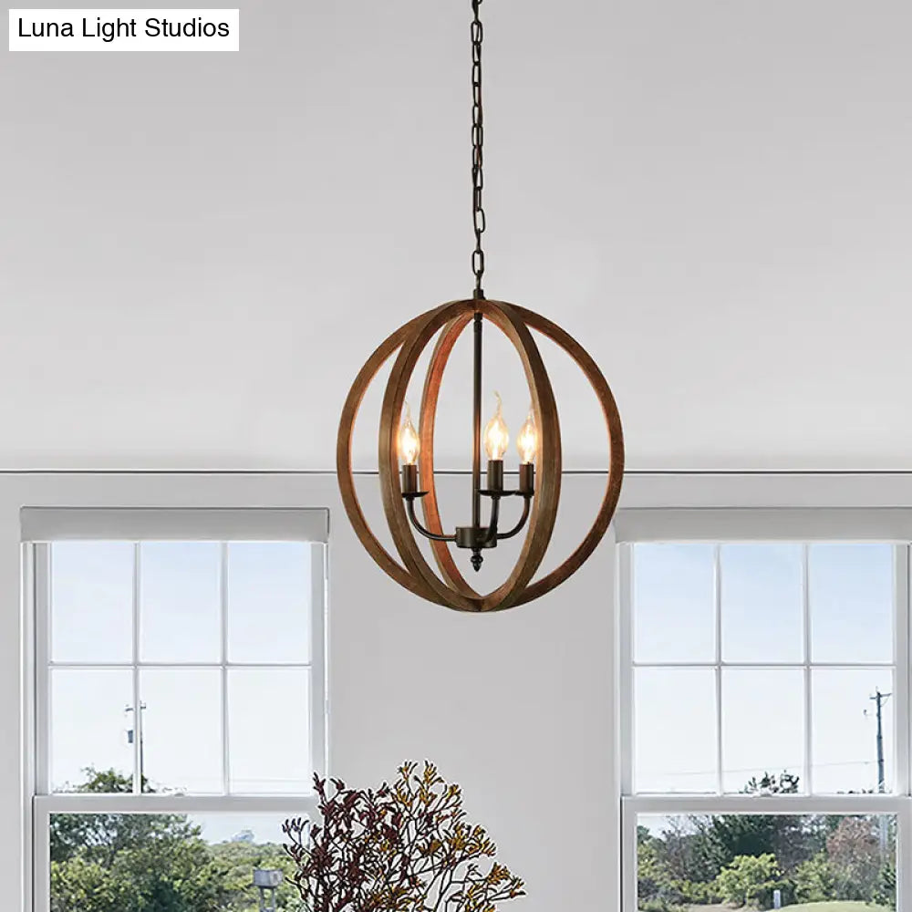 Industrial 3-Light Wooden Sphere Chandelier Pendant For Dining Room In Brown
