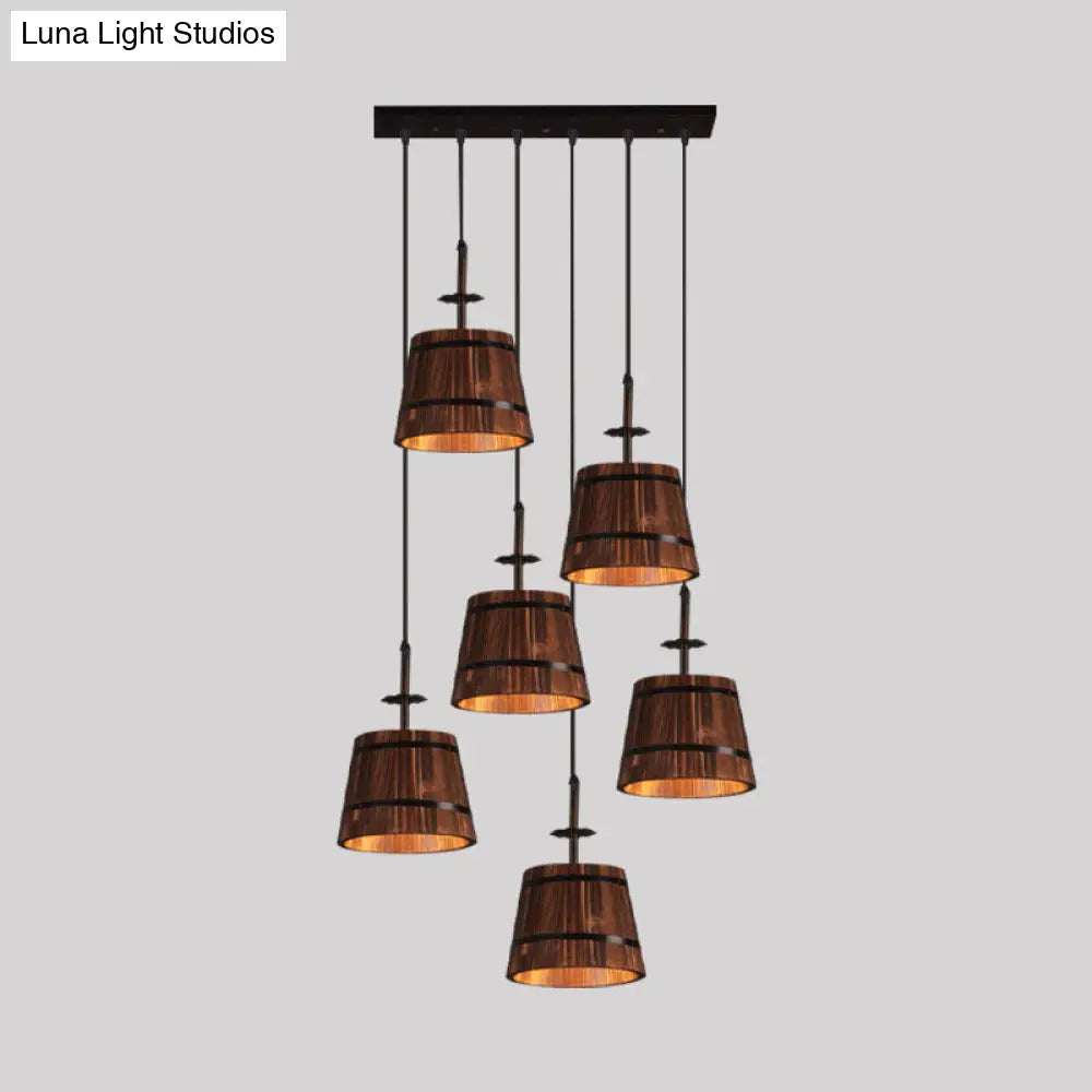 Industrial 6-Light Wooden Tapered Shade Pendant Light In Brown For Coffee Shop