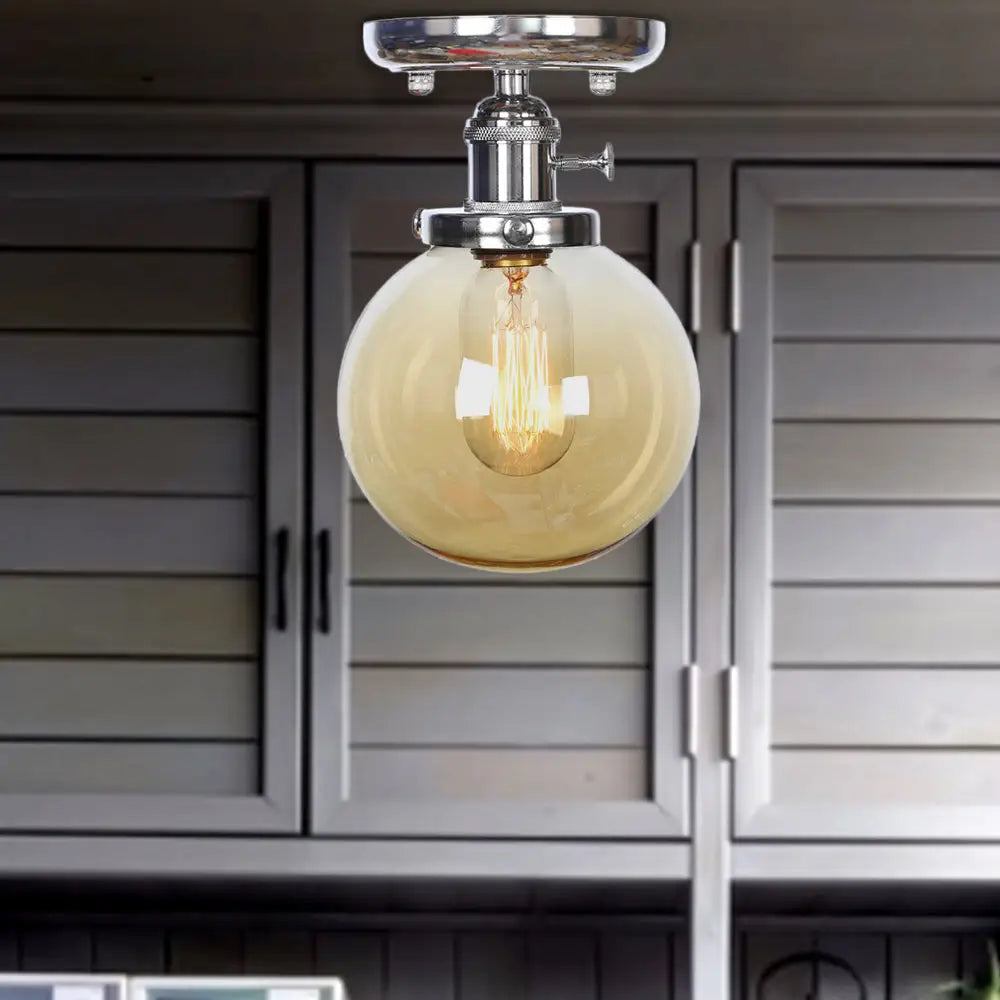 Industrial Chrome Ceiling Mount Light With Clear/Amber Glass Globe For Dining Room Amber /