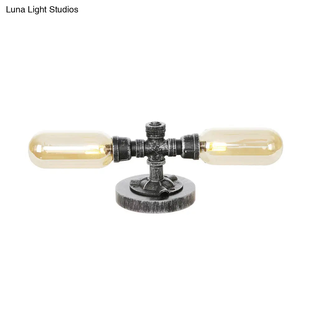 Industrial Clear/Amber Glass 2-Light Sconce Lamp With Base - Tube Shade Living Room Task Lighting In