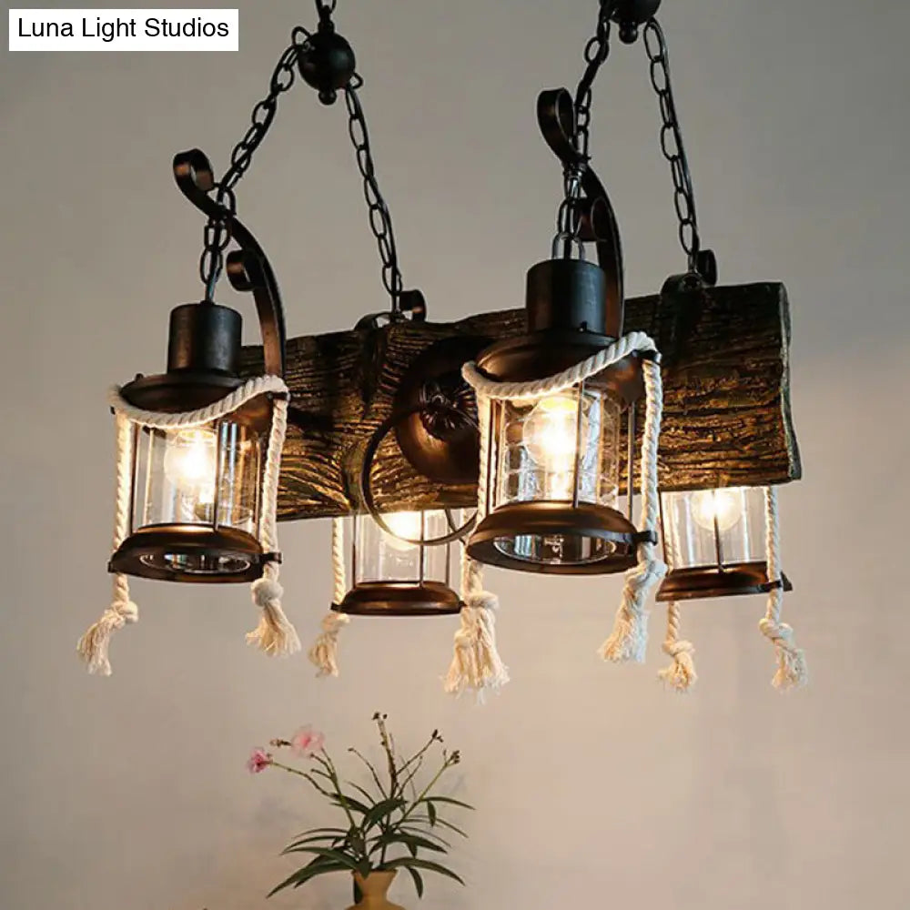 Industrial Clear Glass Chandelier With Wood Accents For Restaurant Ceiling - 4/6 Heads Lantern