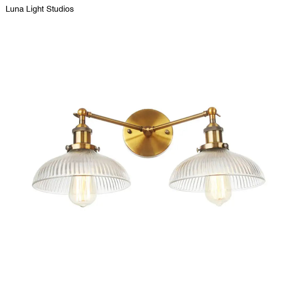 Industrial Domed Ribbed Glass Wall Light With Bronze/Brass/Copper Finish - 2-Light Sconce Lamp For