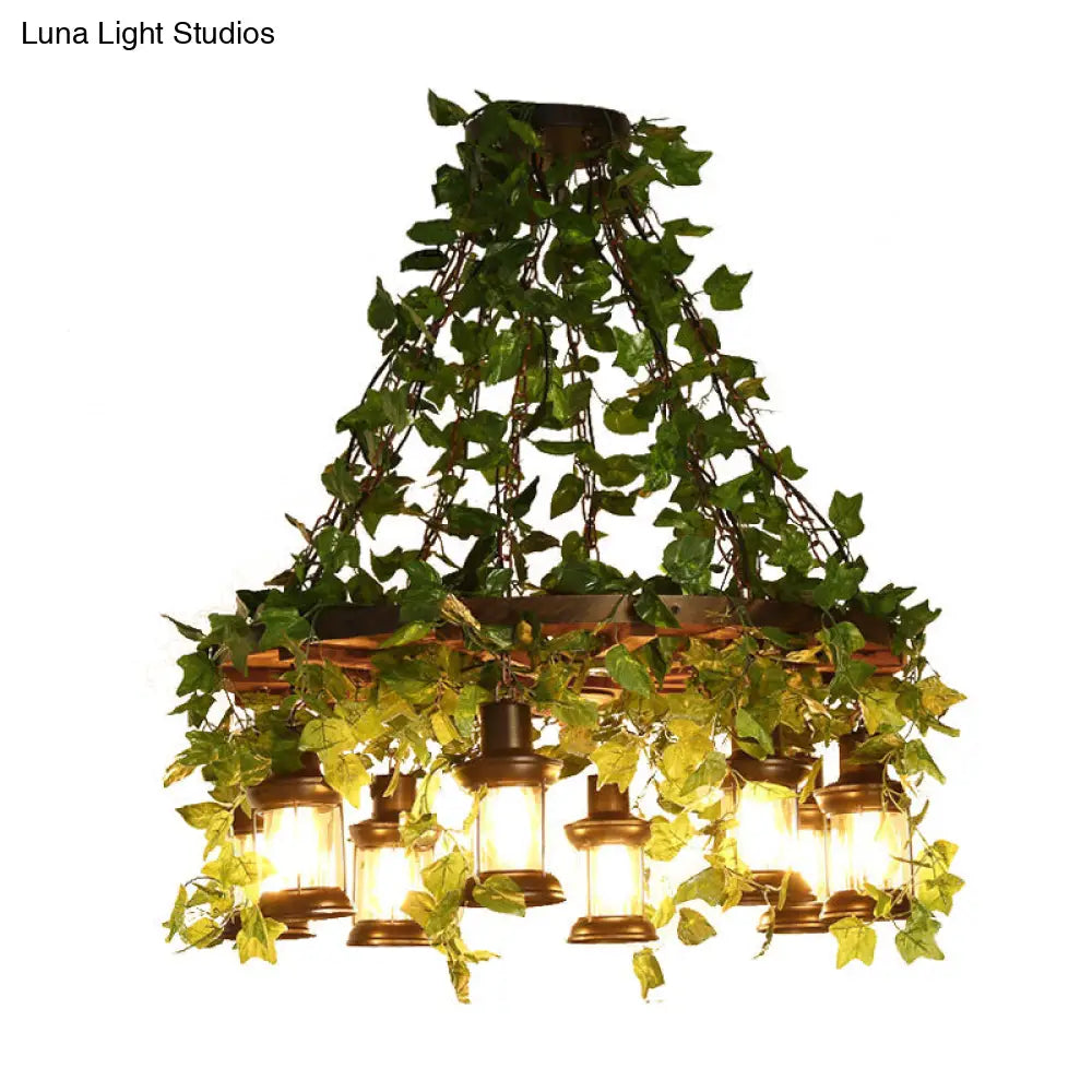 Industrial Green Lantern Wooden Chandelier - Led Restaurant Ceiling Light (3/6/8 Heads)