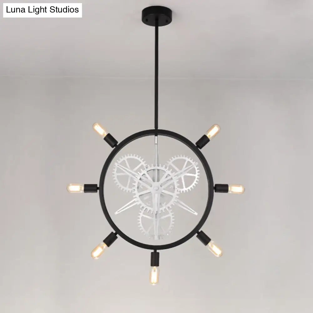 Industrial Hanging Chandelier With Exposed Bulb Design - 7/8 Bulbs Iron Frame Black/Silver Gear