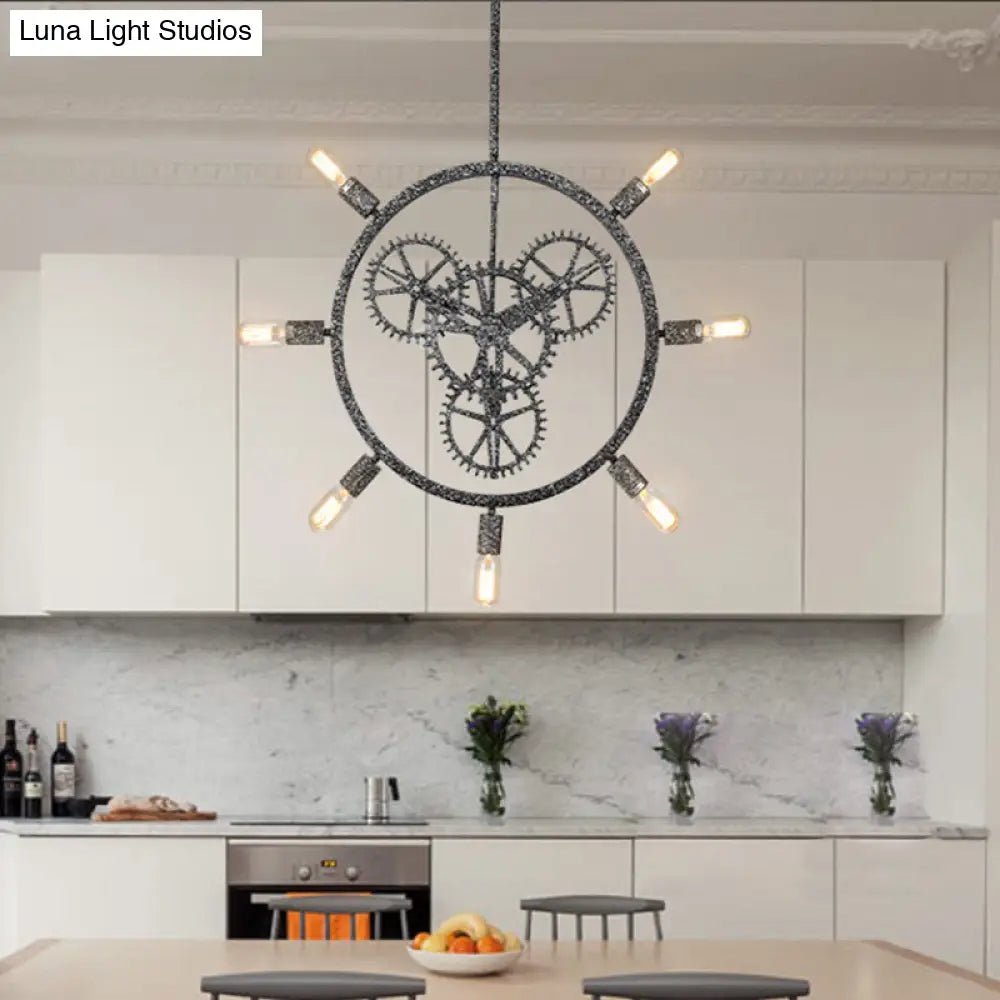 Industrial Hanging Chandelier With Exposed Bulb Design - 7/8 Bulbs Iron Frame Black/Silver Gear