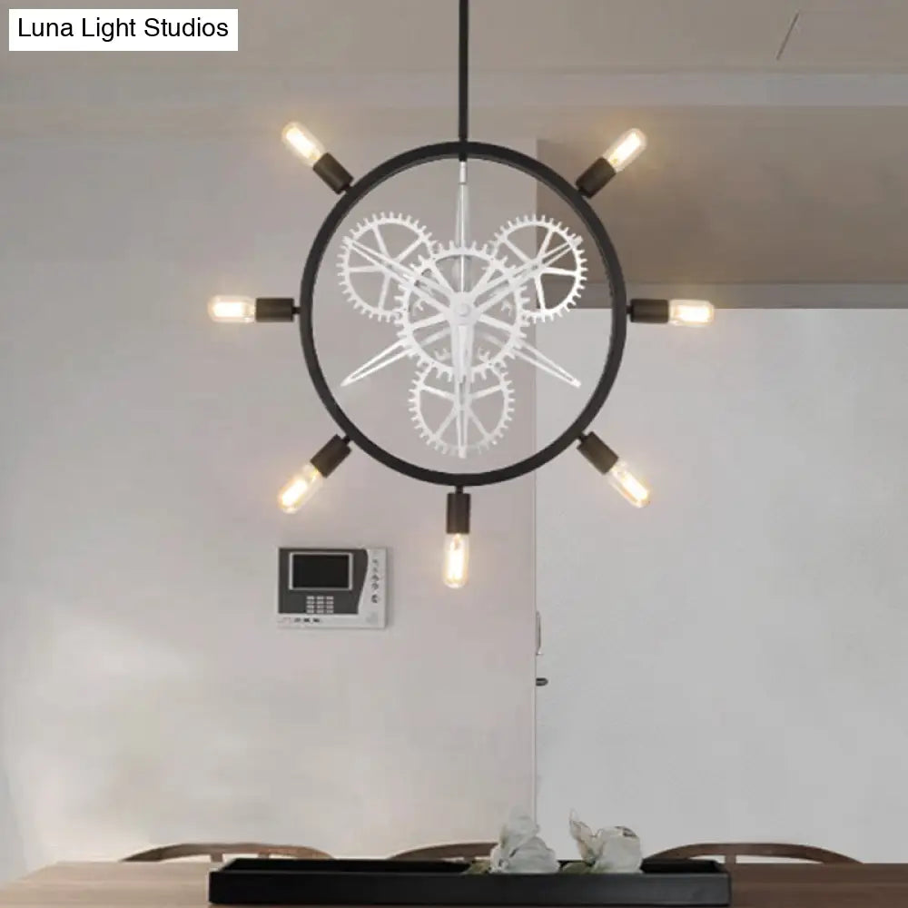 Industrial Hanging Chandelier With Exposed Bulb Design - 7/8 Bulbs Iron Frame Black/Silver Gear