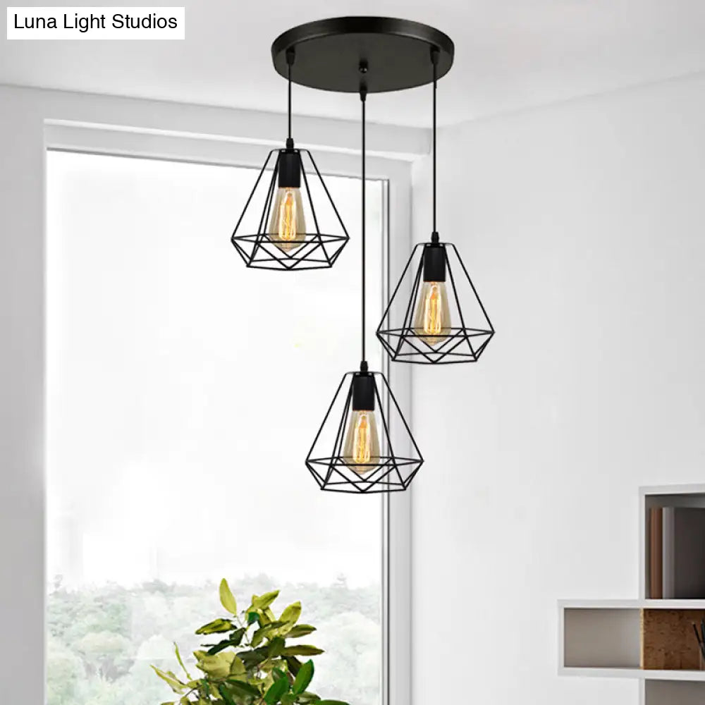 Industrial Metal Diamond Cage Pendant Light - 3 Lights Ideal For Restaurants
