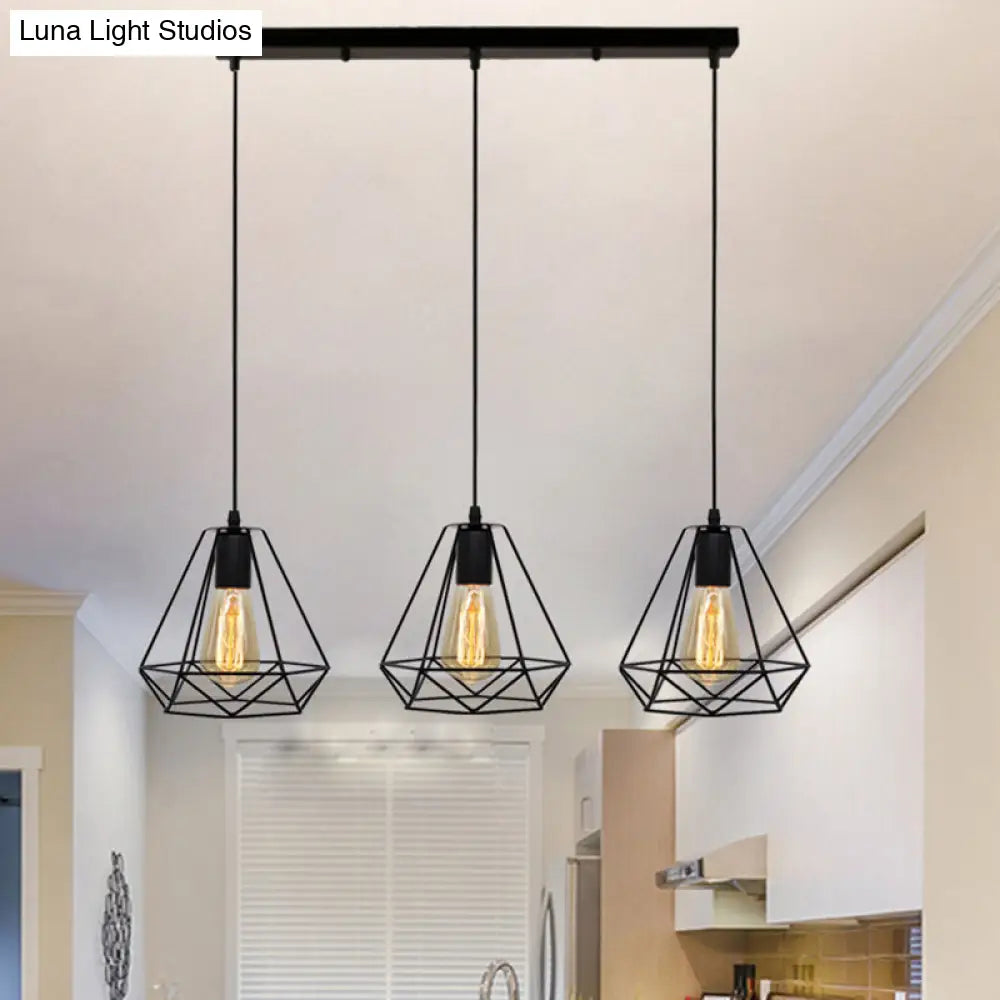 Industrial Metal Diamond Cage Pendant Light - Set Of 3 Multi Hanging Lights For Restaurants