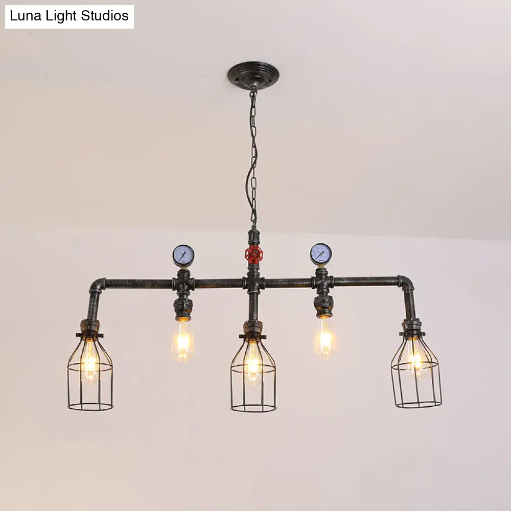 Industrial Metal Island Lighting With 5 Lights Suspension Light In Black: Pipe And Gauge Design Cage