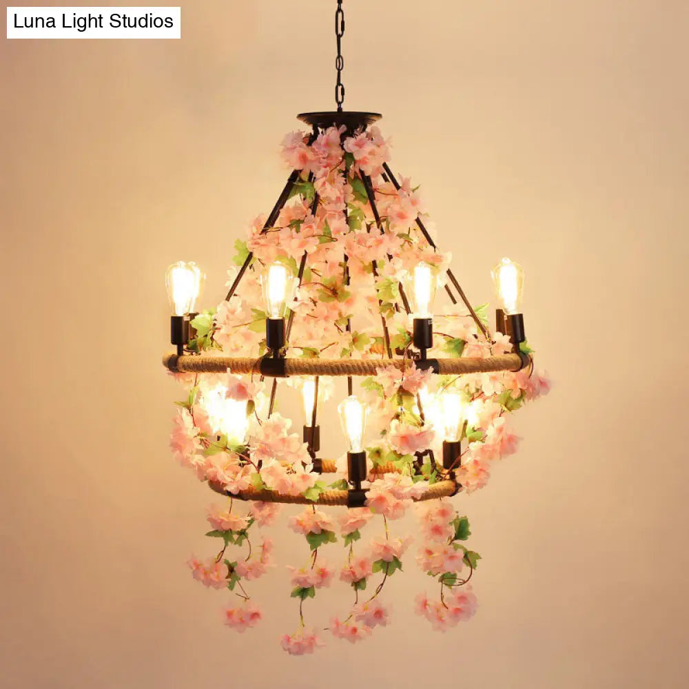 Industrial Metal Pendant Chandelier With Flower Decoration - 6/8/14-Head Pink Ceiling Light